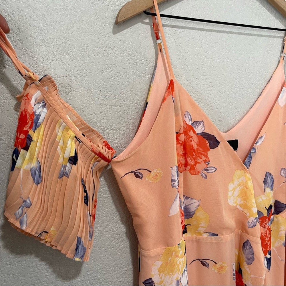LULU's Heart's Delight Peach Floral Print Cold-Shoulder Wrap Dress L - Picture 3 of 7